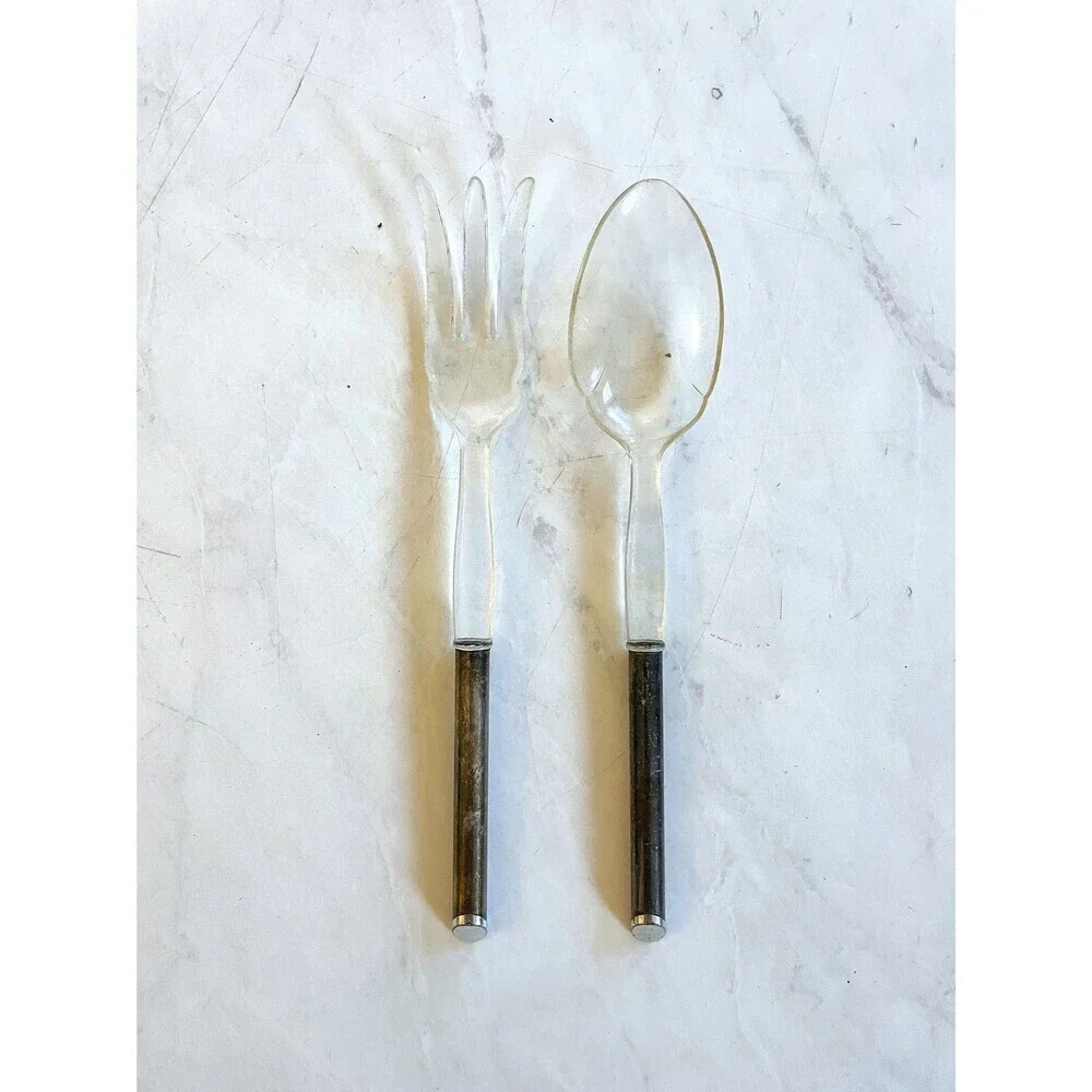 VTG 1980s SILVER HANDLE SALAD FORK AND SPOON set tossed salad tools tongs retro